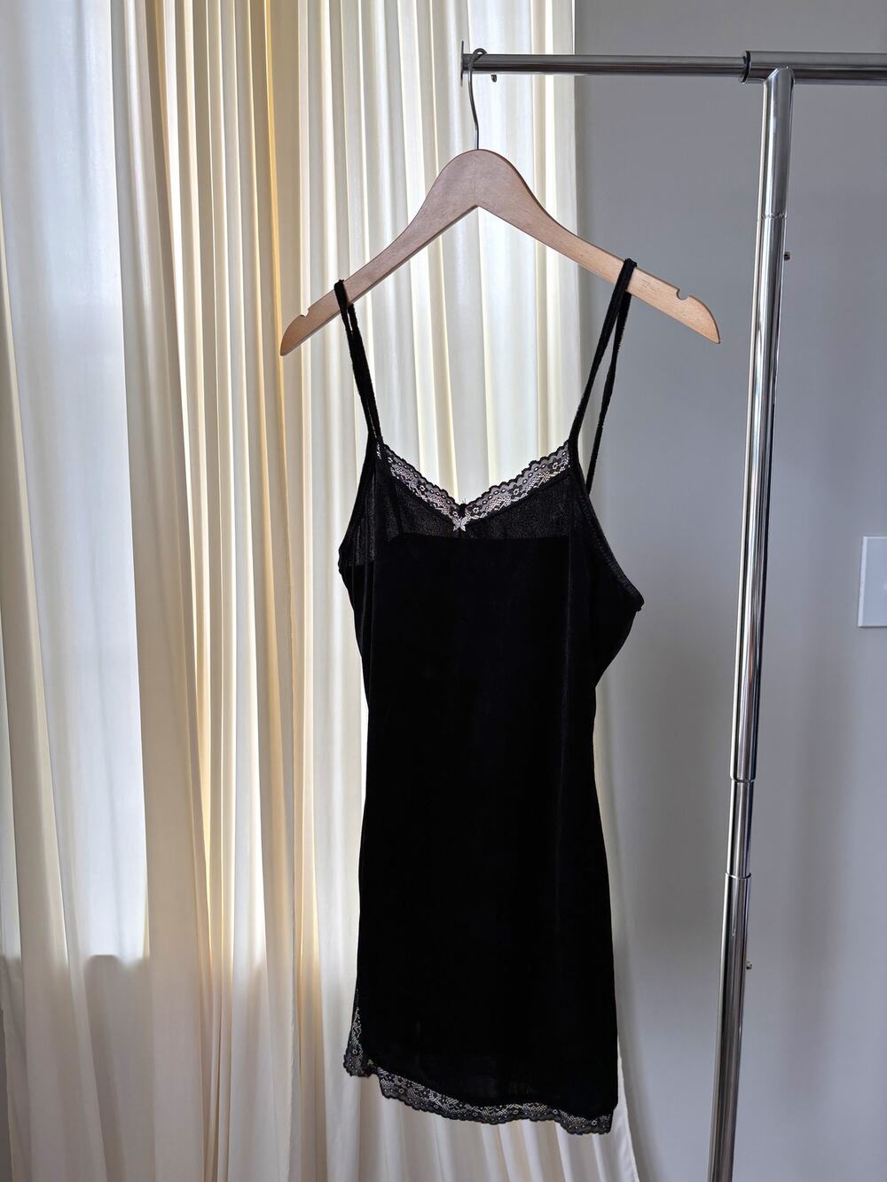 Velvet Slip Dress Medium Black Butterfly Charm Lace Trim Mini Whimsy Goth Glam